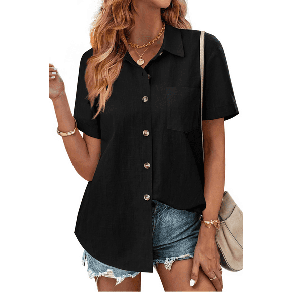 Fantaslook Womens Button Down Shirts Lapel Short Sleeve Shirt Collared Pocketed Casual Blouses Summer Tops