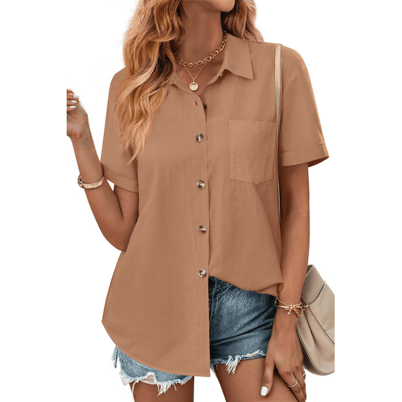 Fantaslook Womens Button Down Shirts Lapel Short Sleeve Shirt Collared Pocketed Casual Blouses Summer Tops