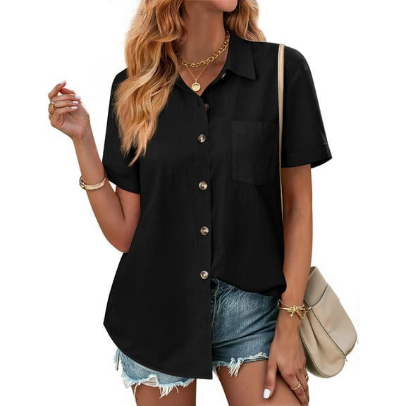 Fantaslook Womens Button Down Shirts Lapel Short Sleeve Shirt Collared Pocketed Casual Blouses Summer Tops