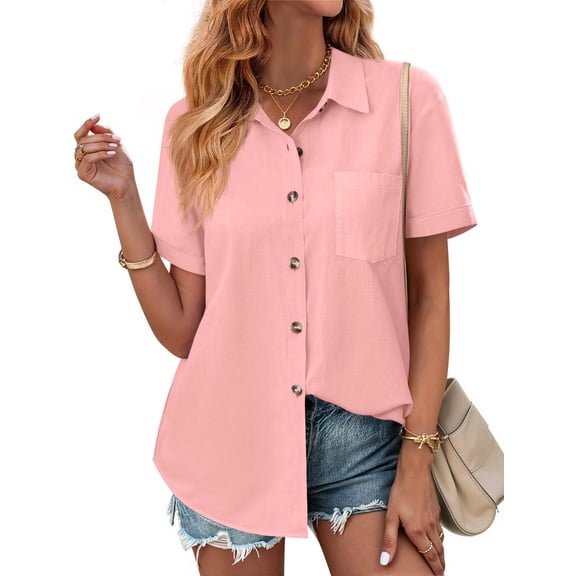 Fantaslook Womens Button Down Shirts Lapel Short Sleeve Shirt Collared Pocketed Casual Blouses Summer Tops