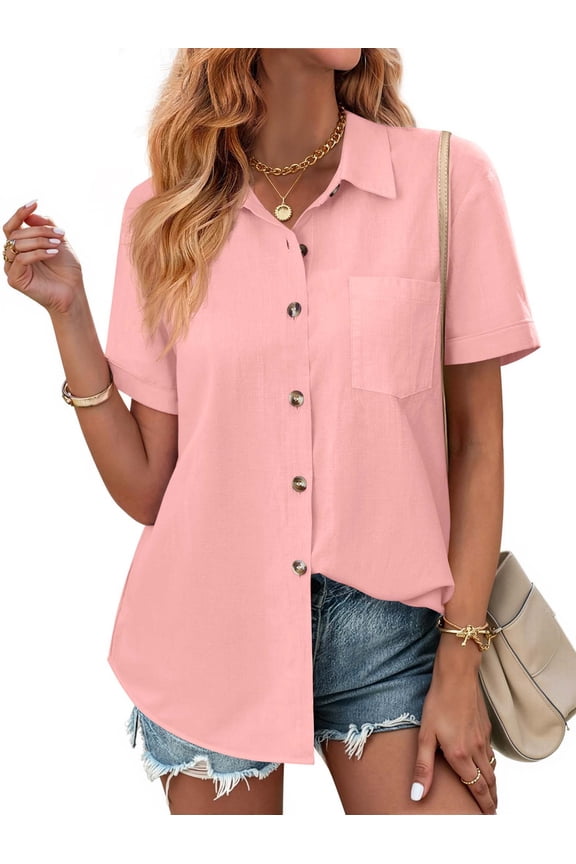 Womens Button Down Shirts Lapel Short Sleeve Shirt Collared Pocketed Casual Blouses Summer Tops