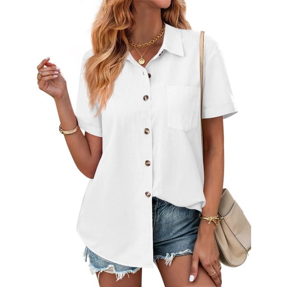 Fantaslook Womens Button Down Shirts Lapel Short Sleeve Shirt Collared Pocketed Casual Blouses Summer Tops