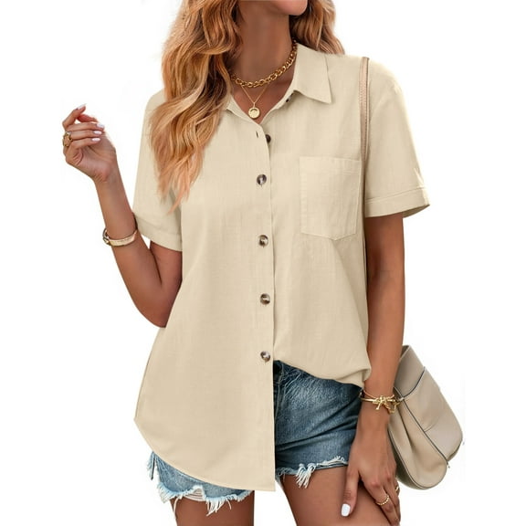 Fantaslook Womens Button Down Shirts Lapel Short Sleeve Shirt Collared Pocketed Casual Blouses Summer Tops