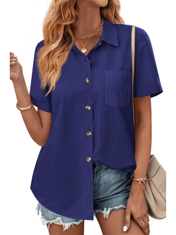 Womens Button Down Shirts Lapel Short Sleeve Shirt Collared Pocketed Casual Blouses Summer Tops