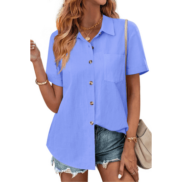 Fantaslook Womens Button Down Shirts Lapel Short Sleeve Shirt Collared Pocketed Casual Blouses Summer Tops