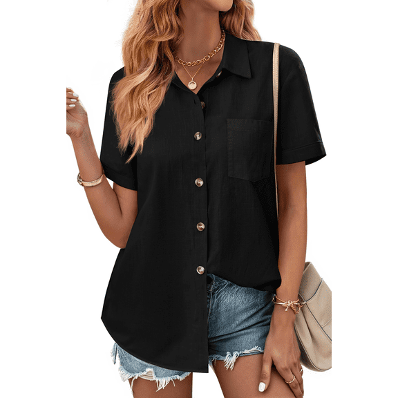 Fantaslook Womens Button Down Shirts Lapel Short Sleeve Shirt Collared Pocketed Casual Blouses Summer Tops