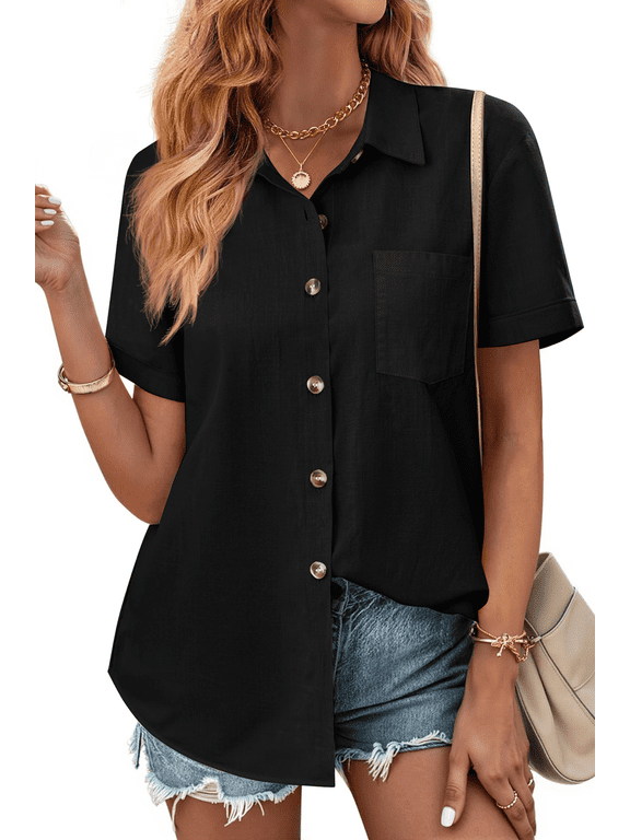 Womens Button Down Shirts Lapel Short Sleeve Shirt Collared Pocketed Casual Blouses Summer Tops