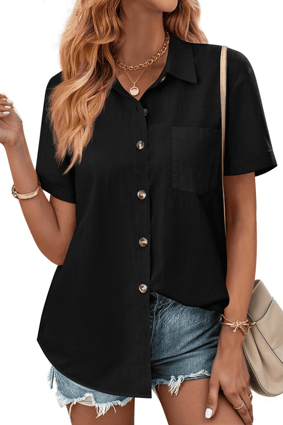 Womens Button Down Shirts Lapel Short Sleeve Shirt Collared Pocketed Casual Blouses Summer Tops