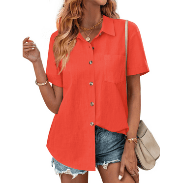Fantaslook Womens Button Down Shirts Lapel Short Sleeve Shirt Collared Pocketed Casual Blouses Summer Tops