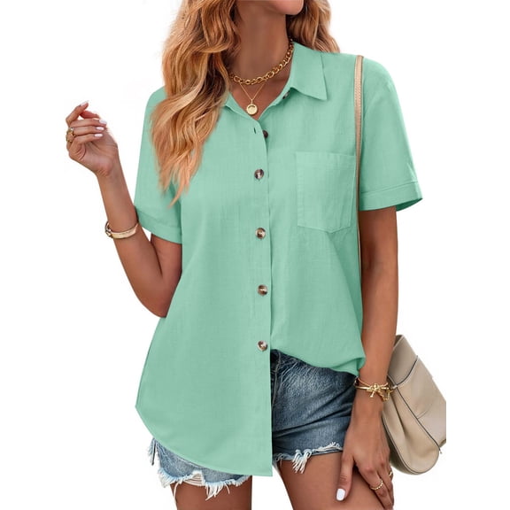 Fantaslook Womens Button Down Shirts Lapel Short Sleeve Shirt Collared Pocketed Casual Blouses Summer Tops