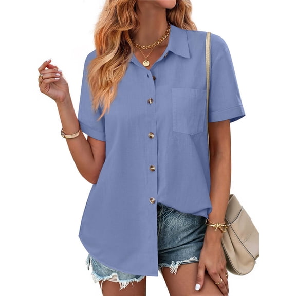 Fantaslook Womens Button Down Shirts Lapel Short Sleeve Shirt Collared Pocketed Casual Blouses Summer Tops
