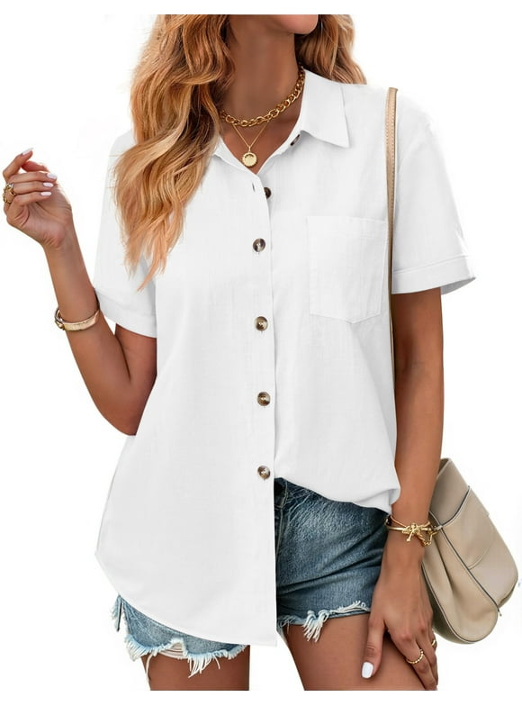 Womens Button Down Shirts Lapel Short Sleeve Shirt Collared Pocketed Casual Blouses Summer Tops