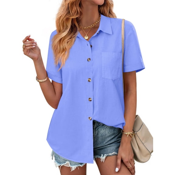 Fantaslook Womens Button Down Shirts Lapel Short Sleeve Shirt Collared Pocketed Casual Blouses Summer Tops