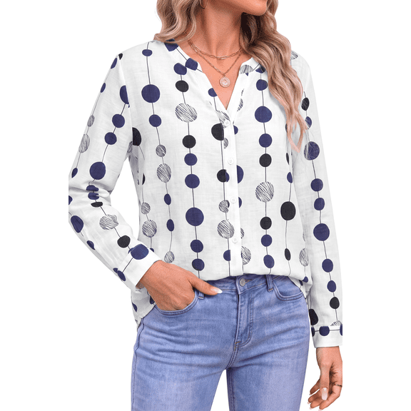 Fantaslook Womens Button Down Shirts V Neck Long Sleeve Shirt Printed Business Work Blouses Dressy Casual Fall Tops