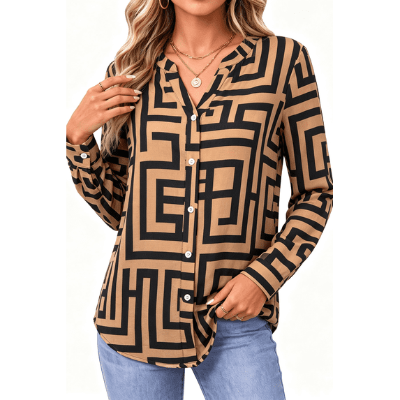 Fantaslook Womens Button Down Shirts V Neck Long Sleeve Shirt Printed Business Work Blouses Dressy Casual Fall Tops