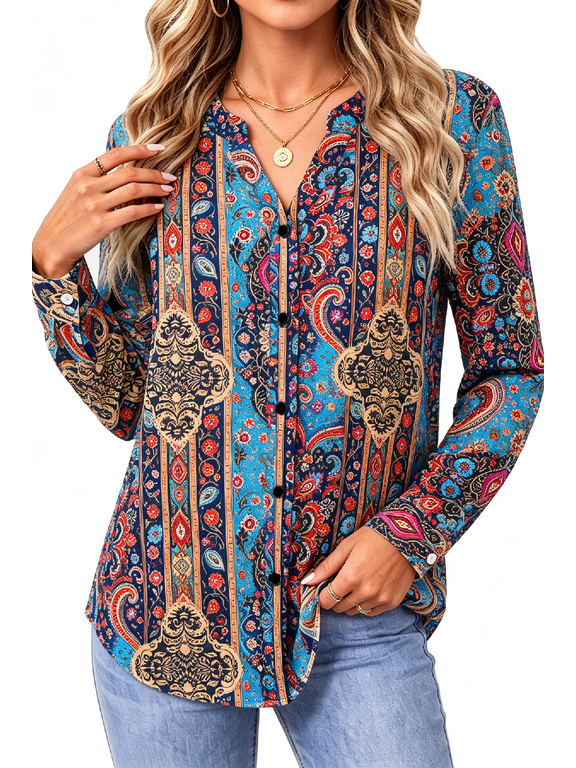 Womens Button Down Shirts V Neck Long Sleeve Shirt Printed Business Work Blouses Dressy Casual Fall Tops