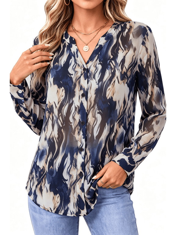 Womens Button Down Shirts V Neck Long Sleeve Shirt Printed Business Work Blouses Dressy Casual Fall Tops