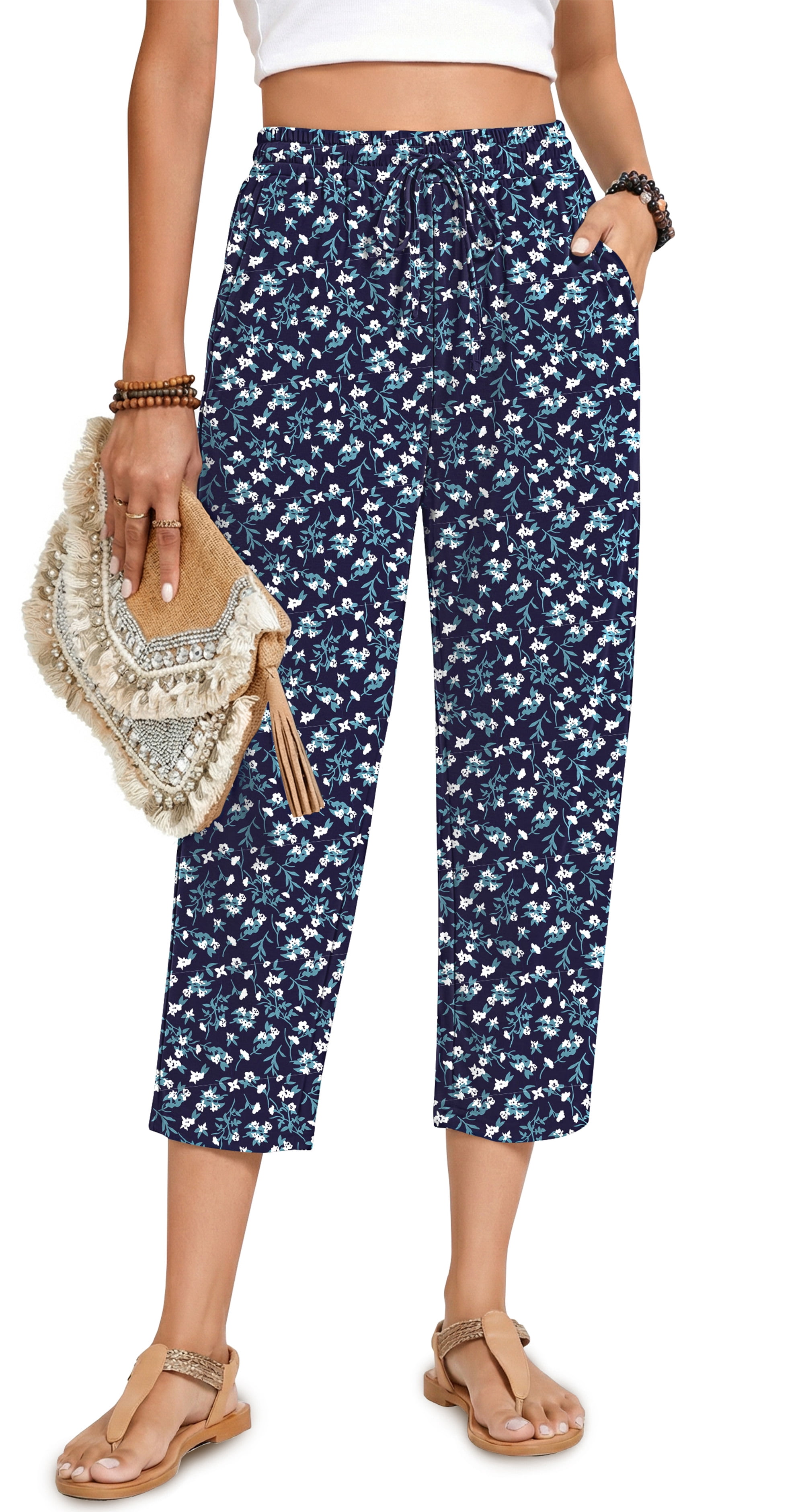 Womens Capri Pants Drawstring Casual Palazzo Trousers with Pockets Loose Floral Lounge Pants Pajama Bottoms
