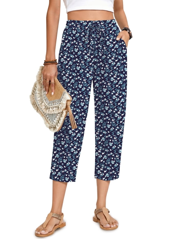Womens Capri Pants Drawstring Casual Palazzo Trousers with Pockets Loose Floral Lounge Pants Pajama Bottoms