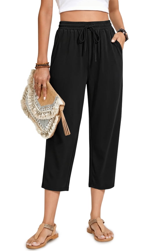 Womens Capri Pants Drawstring Casual Palazzo Trousers with Pockets Loose Floral Lounge Pants Pajama Bottoms