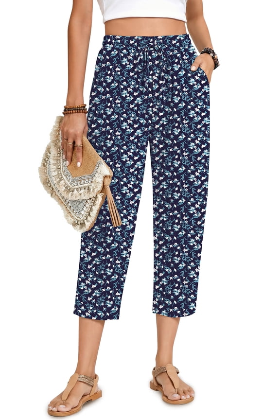 Womens Capri Pants Drawstring Casual Palazzo Trousers with Pockets Loose Floral Lounge Pants Pajama Bottoms