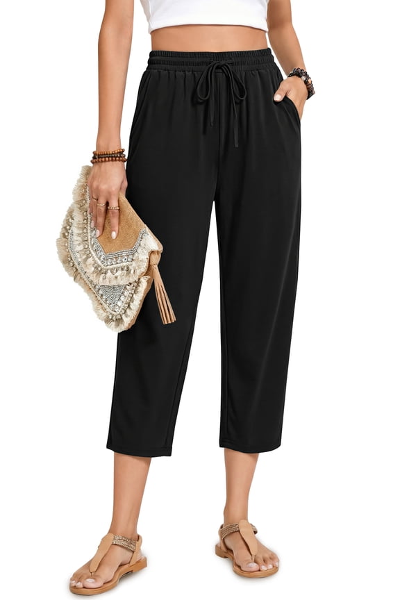 Womens Capri Pants Drawstring Casual Palazzo Trousers with Pockets Loose Floral Lounge Pants Pajama Bottoms