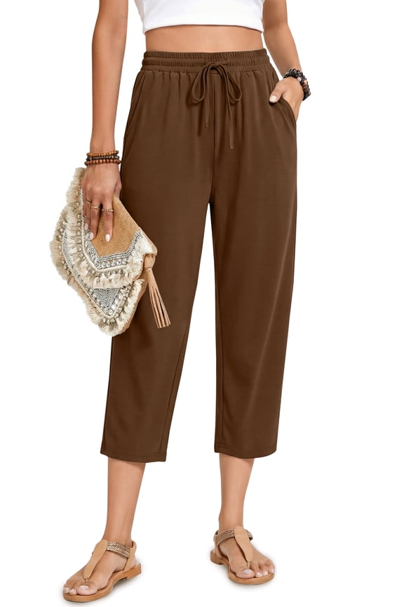 Womens Capri Pants Drawstring Casual Palazzo Trousers with Pockets Loose Floral Lounge Pants Pajama Bottoms