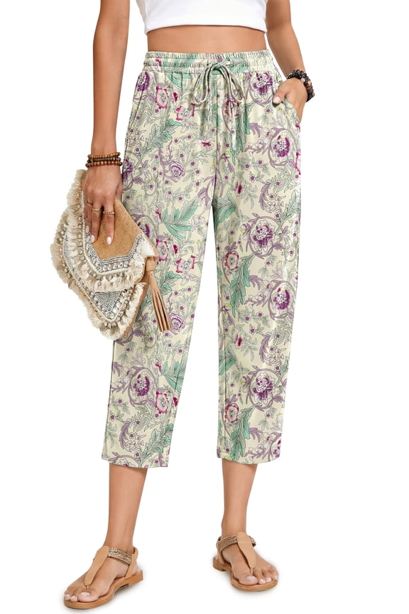 Womens Capri Pants Drawstring Casual Palazzo Trousers with Pockets Loose Floral Lounge Pants Pajama Bottoms