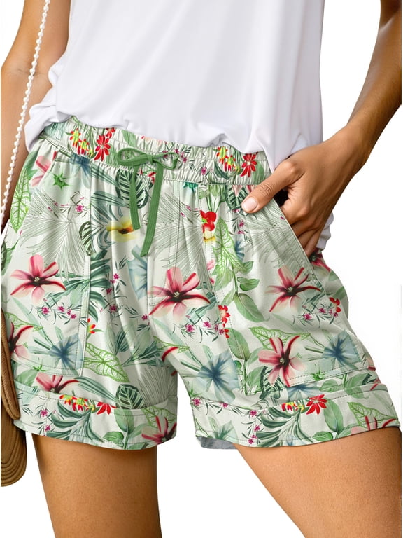 Womens Casual Shorts Elastic Waist Drawstring Shorts Pants with Pockets Summer Beach Floral Shorts