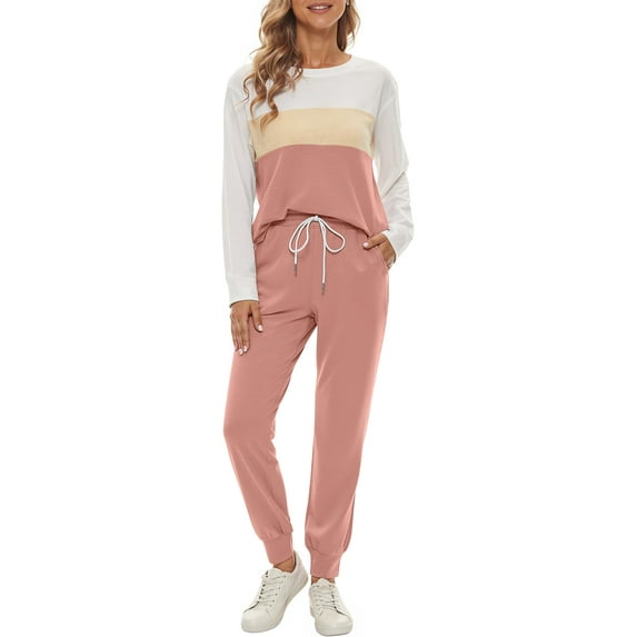 Fantaslook Womens Color Block Pajamas Crewneck Long Sleeve Lounge Sets Casual Jogger Outfits with Pockets