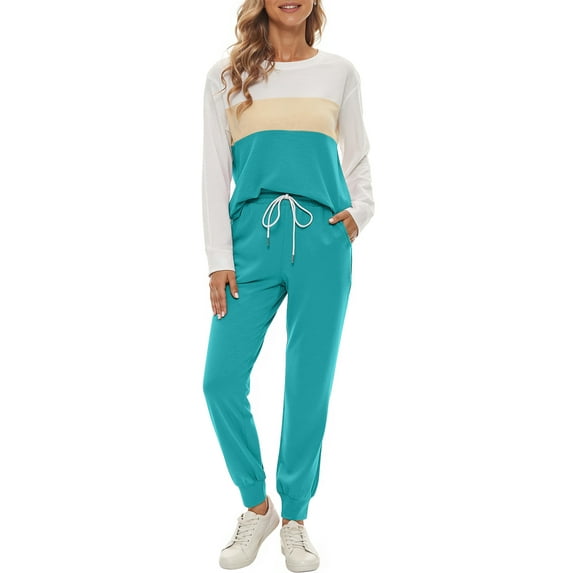 Fantaslook Womens Color Block Pajamas Crewneck Long Sleeve Lounge Sets Casual Jogger Outfits with Pockets