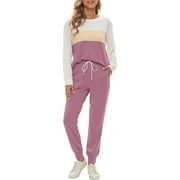 FANTASLOOK Womens Color Block Pajamas Crewneck Long Sleeve Lounge Sets Casual Outfits with Pockets