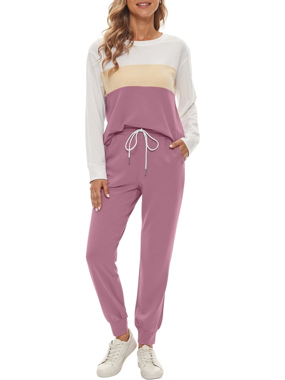 Womens Color Block Pajamas Crewneck Long Sleeve Lounge Sets Casual Jogger Outfits with Pockets