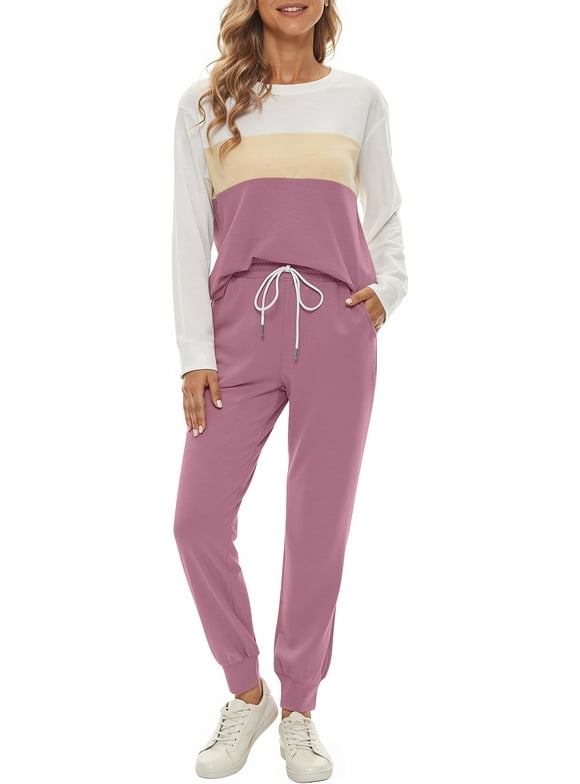 Womens Color Block Pajamas Crewneck Long Sleeve Lounge Sets Casual Jogger Outfits with Pockets