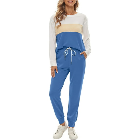 Fantaslook Womens Color Block Pajamas Crewneck Long Sleeve Lounge Sets Casual Jogger Outfits with Pockets