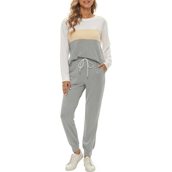 Fantaslook Womens Color Block Pajamas Crewneck Long Sleeve Lounge Sets Casual Jogger Outfits with Pockets
