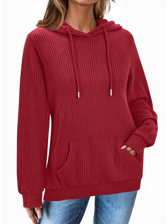 Womens Hoodies Casual Long Sleeve Waffle Pullover Tops Oversized Hooded Sweatshirts with Pocket