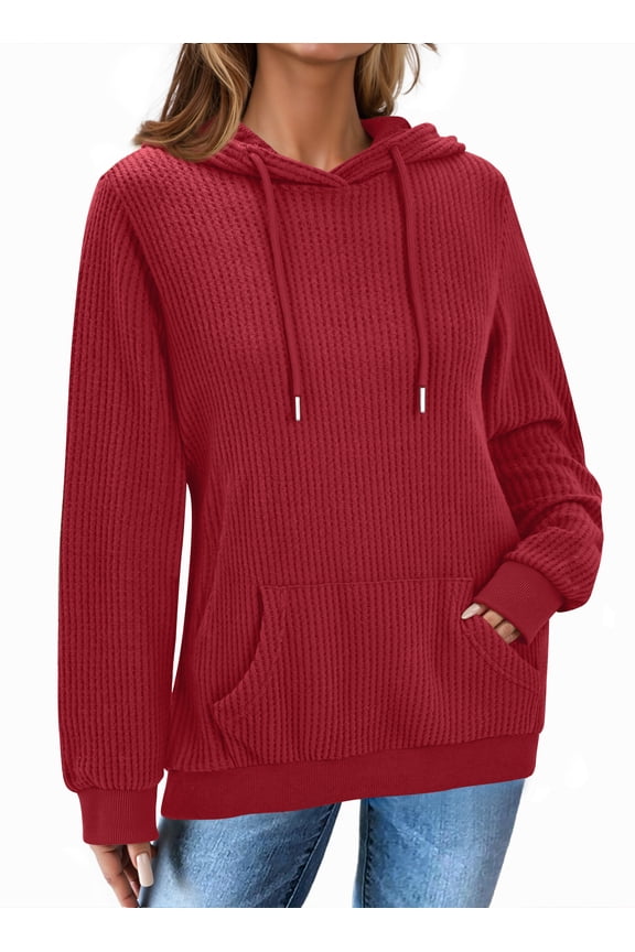 Womens Hoodies Casual Long Sleeve Waffle Pullover Tops Oversized Hooded Sweatshirts with Pocket