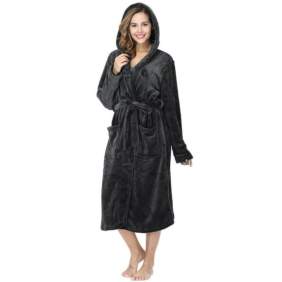 Fantaslook Womens Long Robes Plush Fleece Hooded Bathrobe with Pockets Fluffy Nightgown Sleepwear