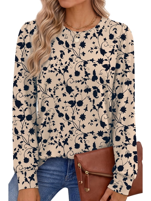 Womens Long Sleeve Shirts Fall Tunic Tops Casual Crewneck Floral Blouses