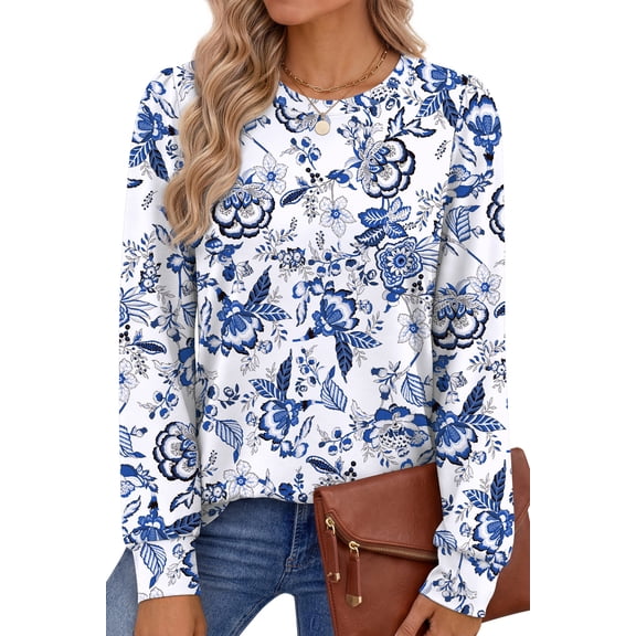 Fantaslook Womens Long Sleeve Shirts Fall Tunic Tops Casual Crewneck Floral Blouses