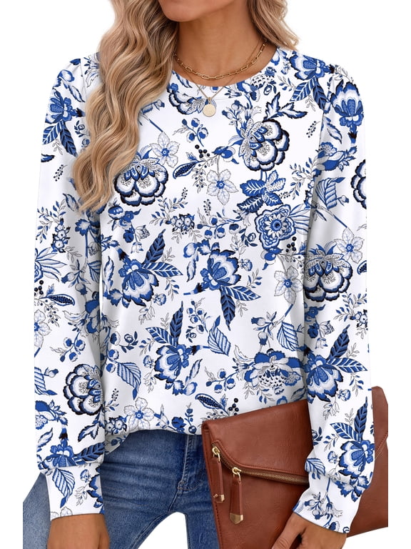 Womens Long Sleeve Shirts Fall Tunic Tops Casual Crewneck Floral Blouses