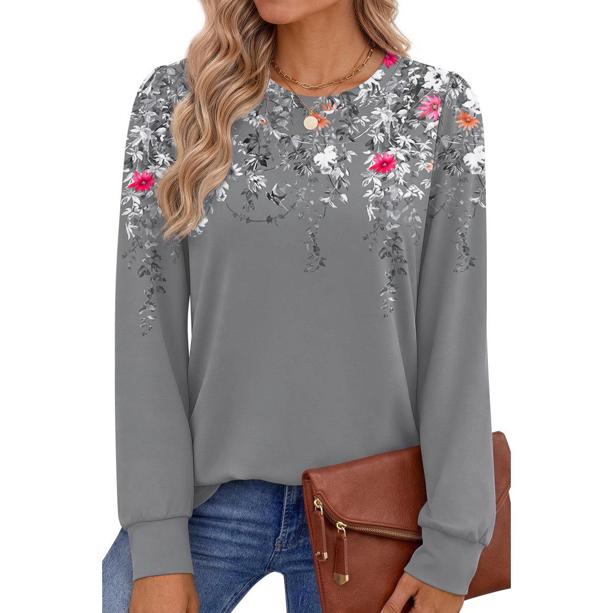 Womens Long Sleeve Shirts Fall Tunic Tops Casual Crewneck Floral Blouses