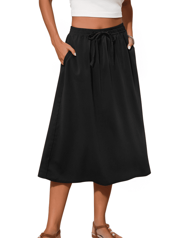 Midi Skirts for Womens Elastic High Waist Skirt Flowy Trendy Dresses Skirts with Pockets