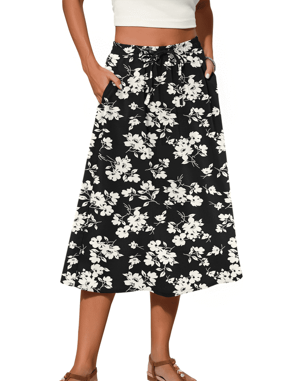 Midi Skirts for Womens Elastic High Waist Skirt Flowy Trendy Dresses Skirts with Pockets