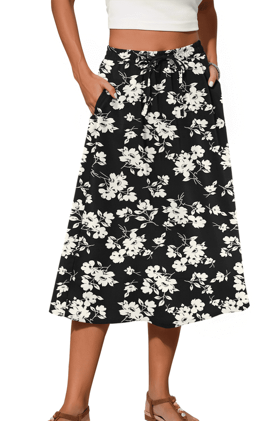 Midi Skirts for Womens Elastic High Waist Skirt Flowy Trendy Dresses Skirts with Pockets