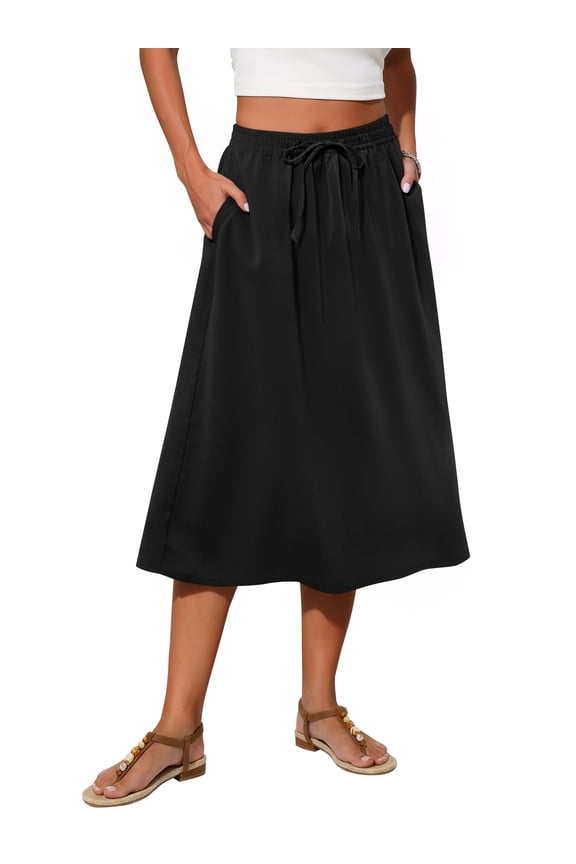 Womens Midi Skirts Elastic High Waist Skirt Flowy Trendy Skirts with Pockets