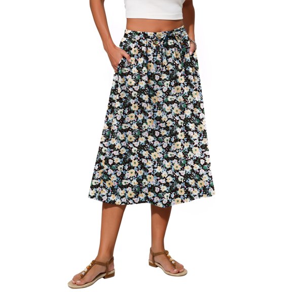 Fantaslook Womens Midi Skirts Elastic High Waist Boho Skirt Flowy Trendy Skirts with Pockets