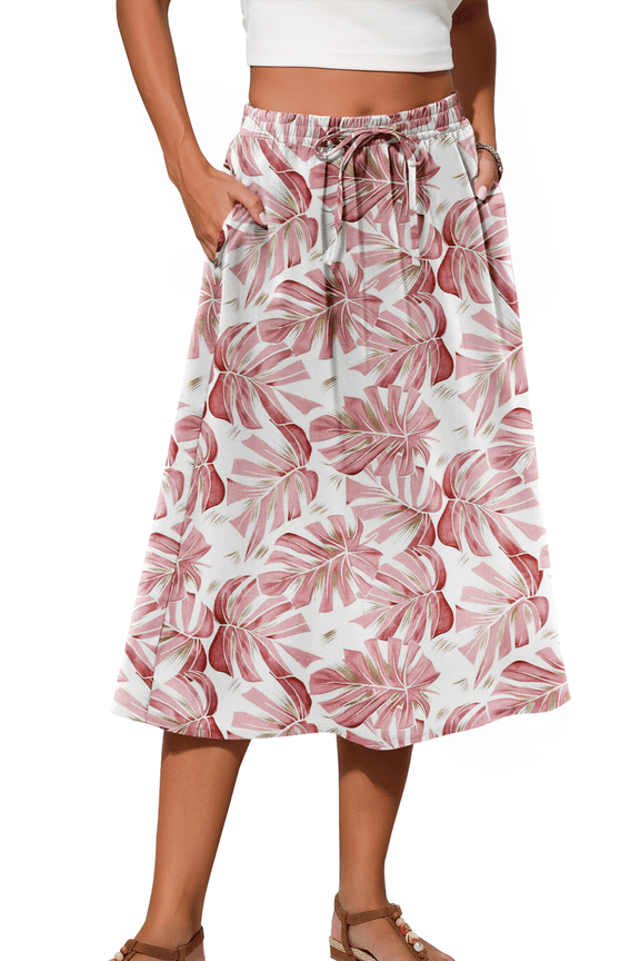 Womens Midi Skirts Elastic High Waist Boho Skirt Flowy Trendy Skirts with Pockets