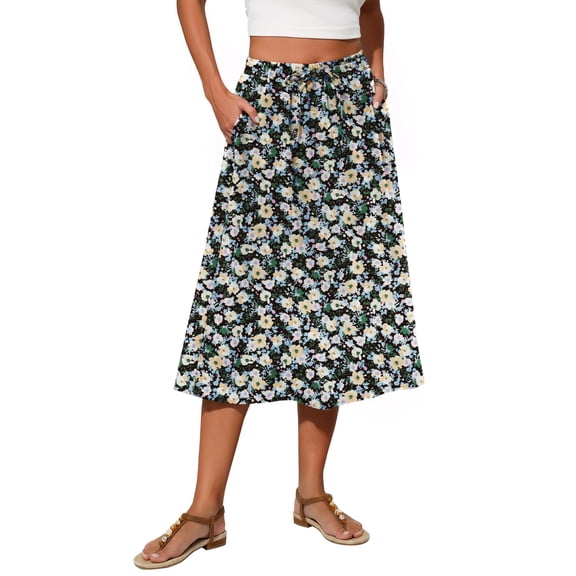Fantaslook Womens Midi Skirts Elastic High Waist Boho Skirt Flowy Trendy Skirts with Pockets